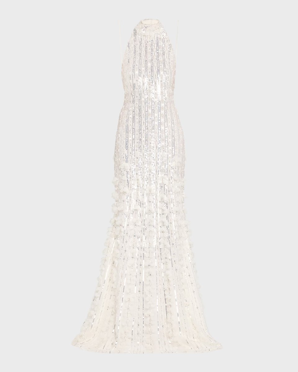 Sequined Tulle Petal Halter Gown